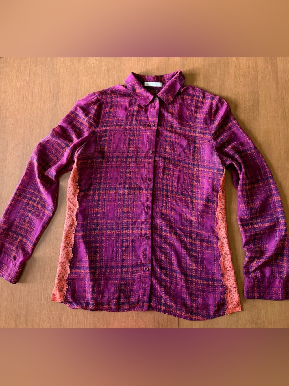 hinge Purple Plaid Button-Up Blouse with Coral Lace Panels